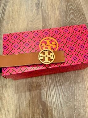 Tory Burch Brown Leather Belt with Gold Logo Buckle